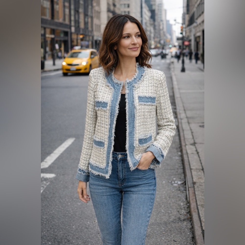 NEW Elegant Tweed Blazer with Denim Trim NWT